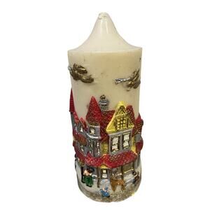 Vintage Christmas Sculpted Pillar Candle of Village Town Houses People Angels